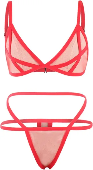 Mesh Sheer Bra and Panty Set for Women Bandage Lingerie Speghetti Strap Suits Backless Sleepwear Boudoir Outfits Red
