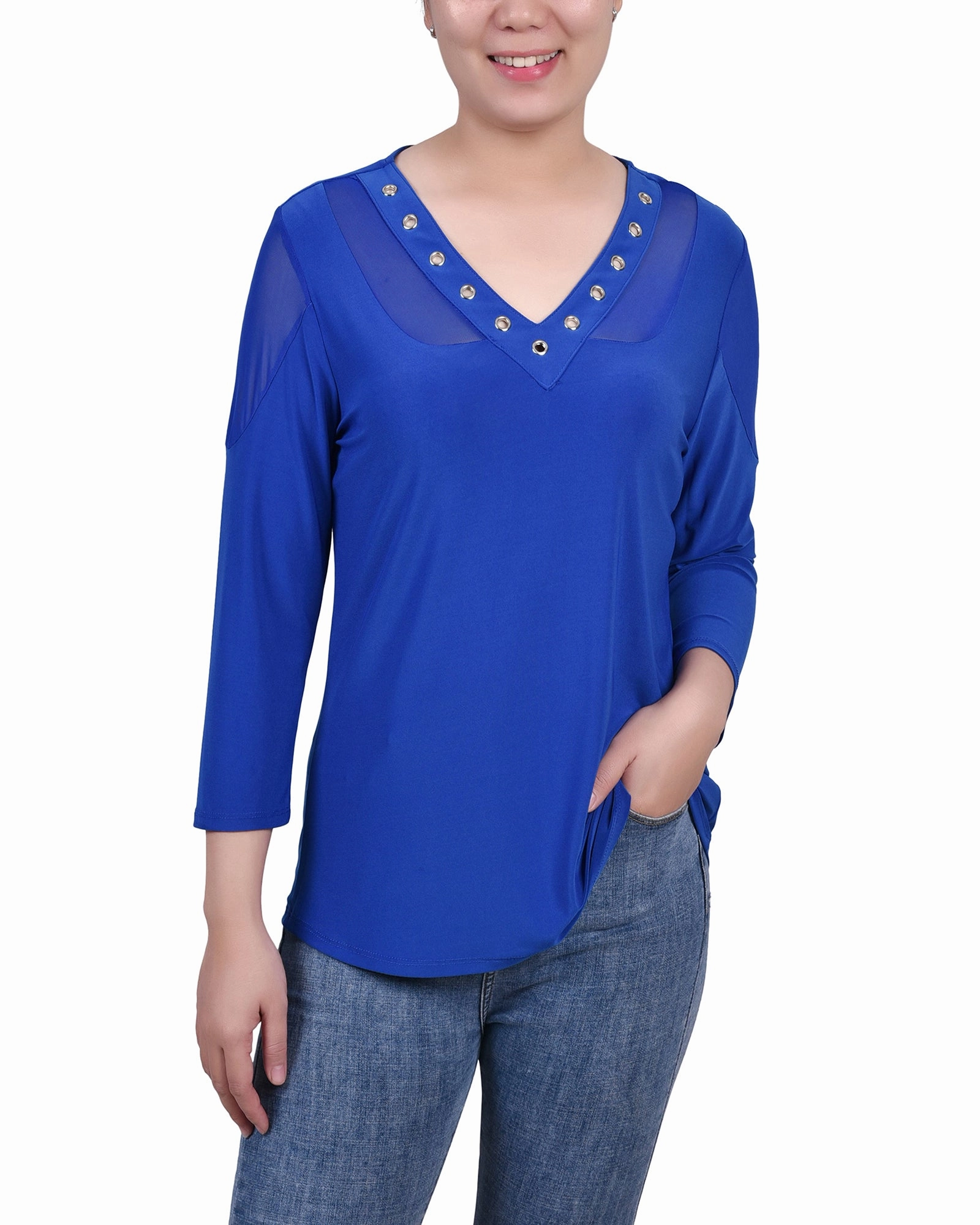 Petite Long Sleeve Top With Mesh Insets Comfortable Wear Hidden Pocket Design