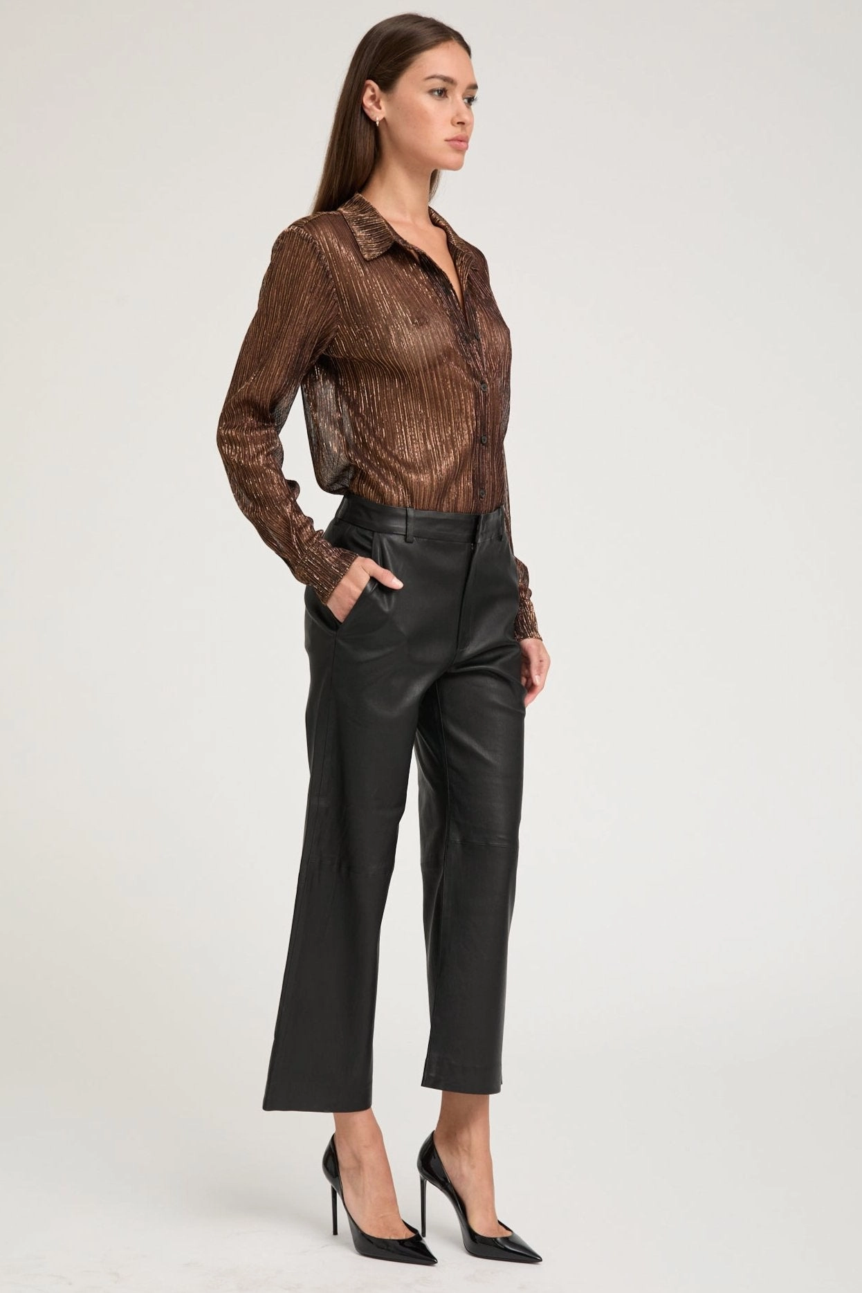 Metallic Bronze Fitted Button Down StaticResistant Material