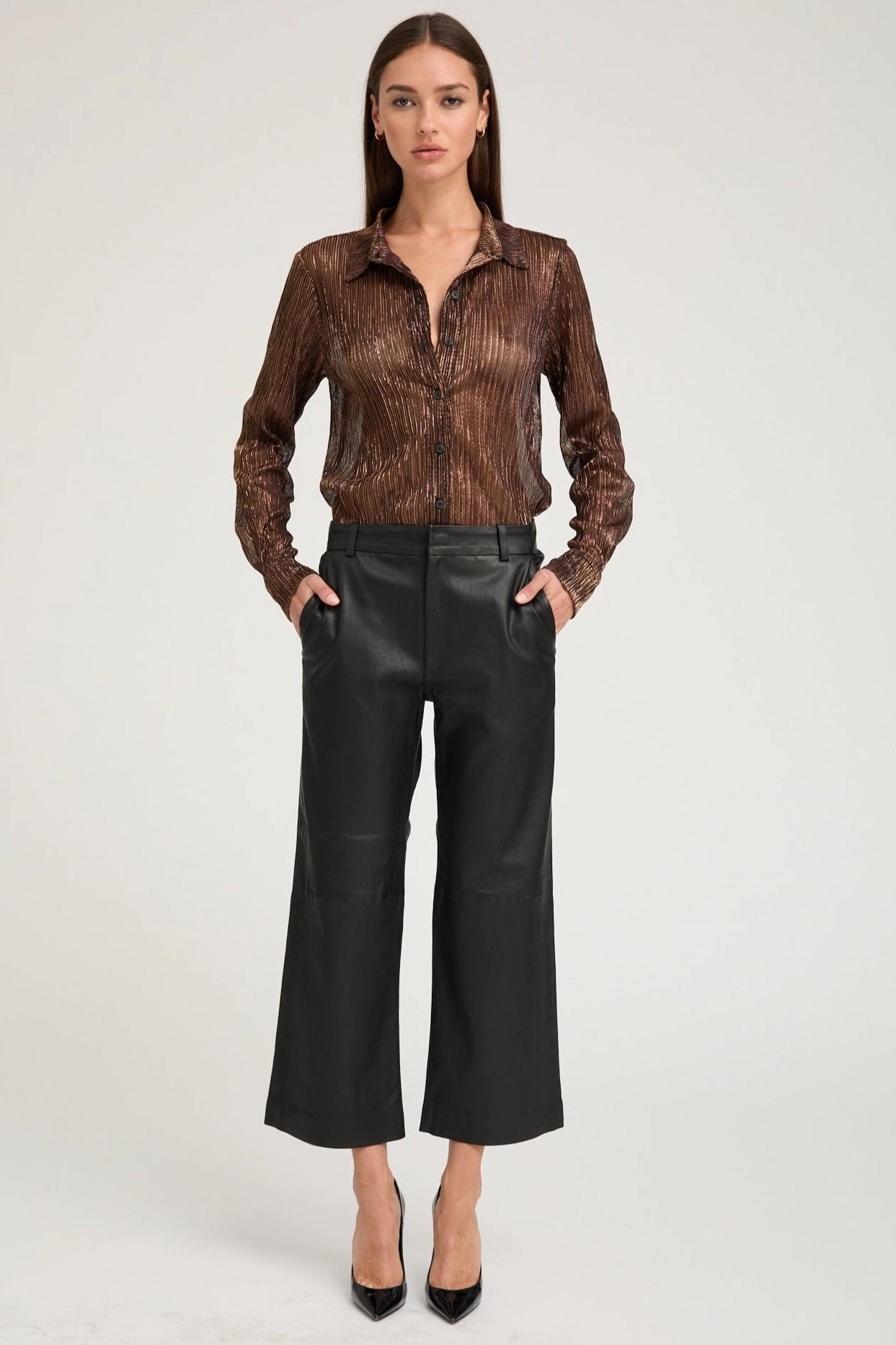 Metallic Bronze Fitted Button Down Bonded Seam Technology Lightweight Layering Option