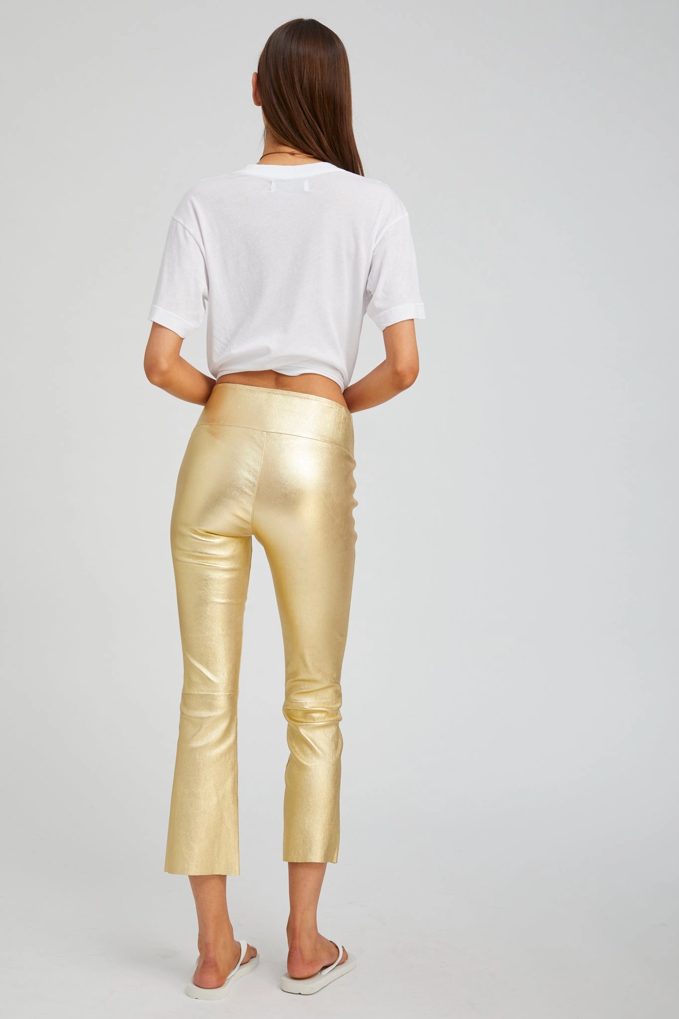 Metallic Gold Leather Crop Flare All-Day Wear Comfort Seeker Four Way