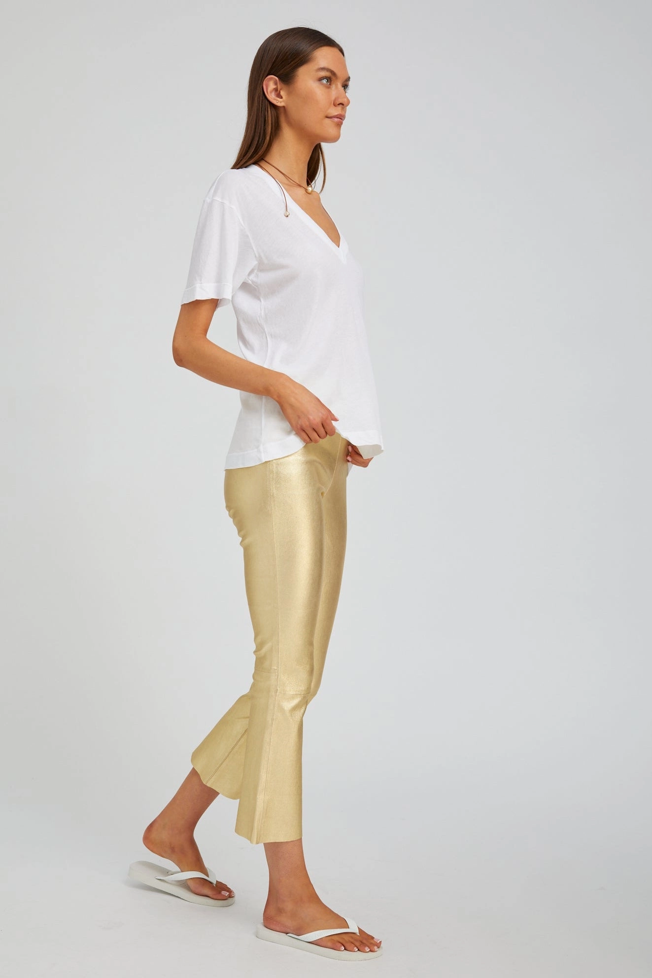 Metallic Gold Leather Crop Flare High Function