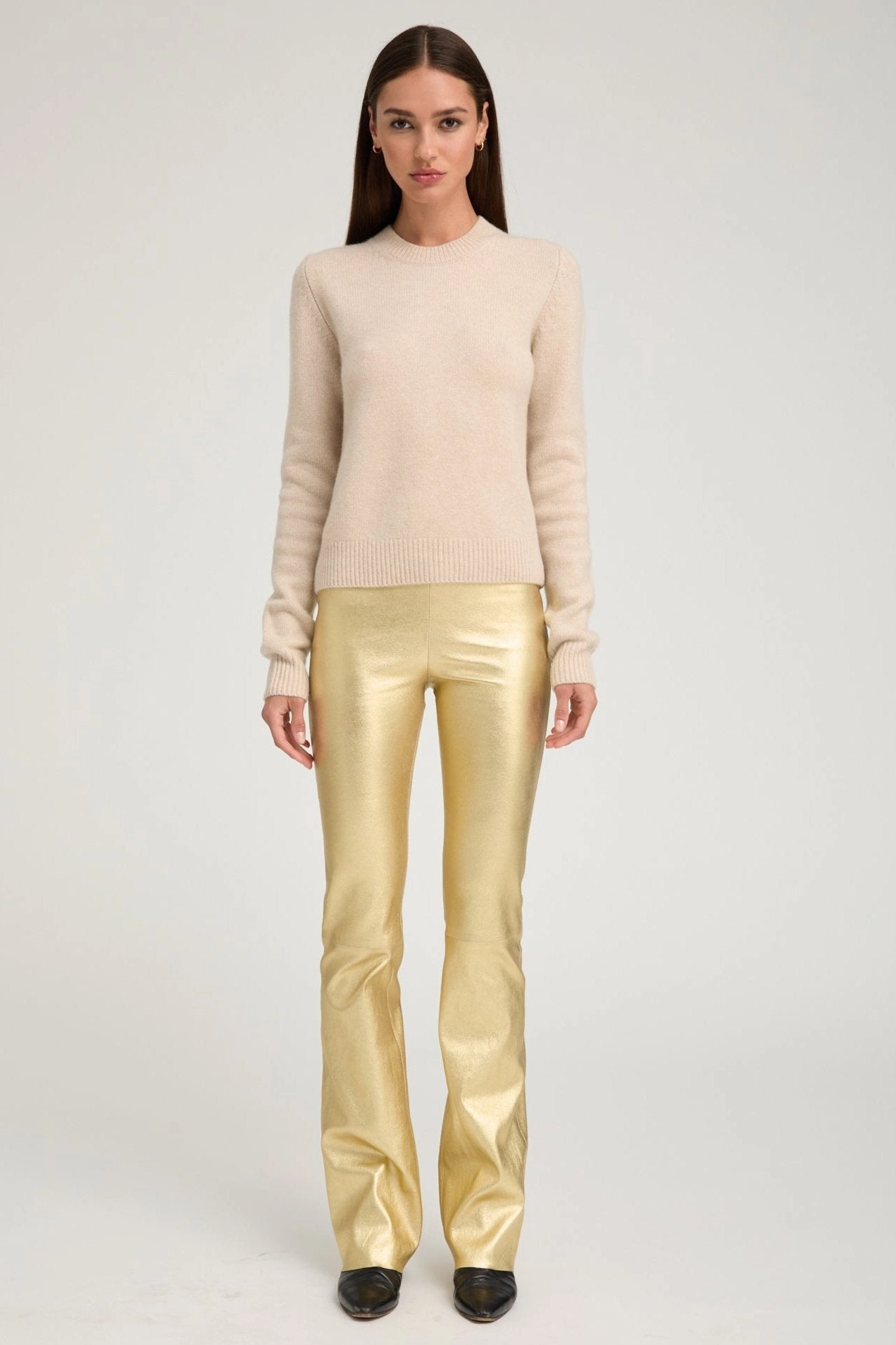 Metallic Gold Leather Micro Flare Trendy Design Sleek Vibe