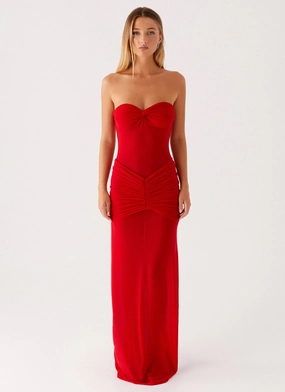 Ottilie Mesh Maxi Dress - Red Draped Silhouette Linen Vibe