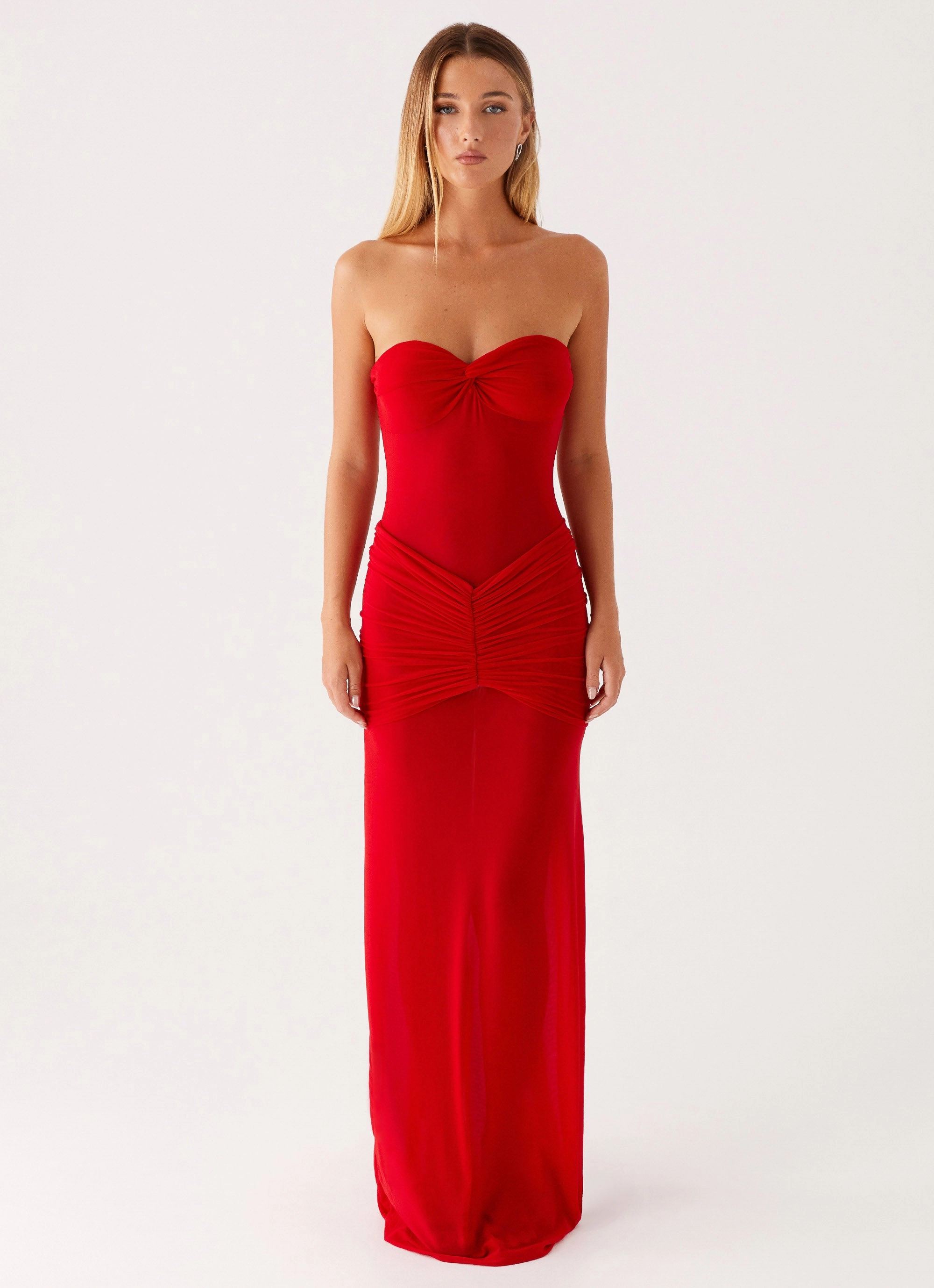 Ottilie Mesh Maxi Dress - Red Draped Silhouette Linen Vibe