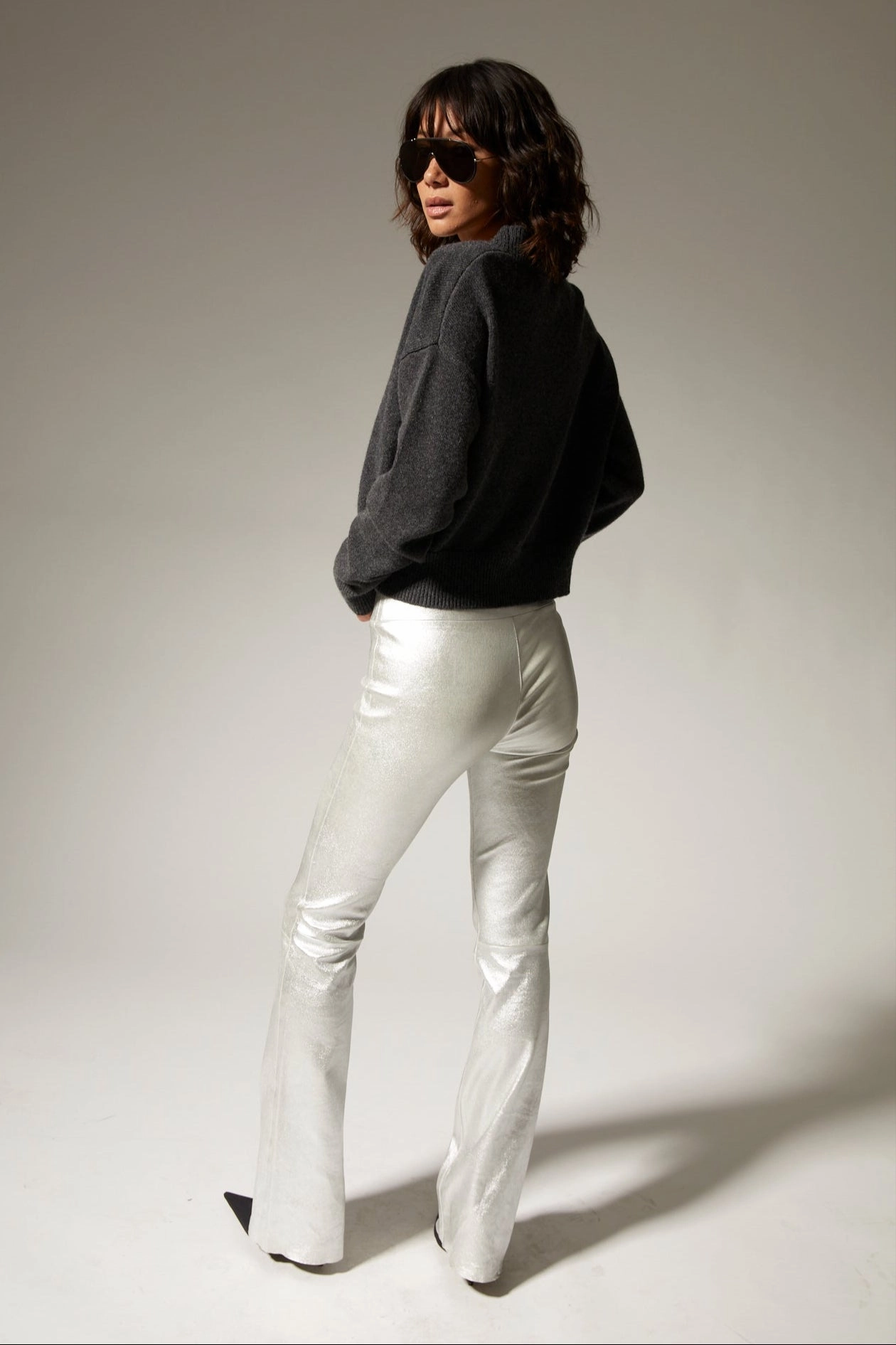 Smooth Finish Four Way Winter Sports Metallic Silver Leather Micro Flare