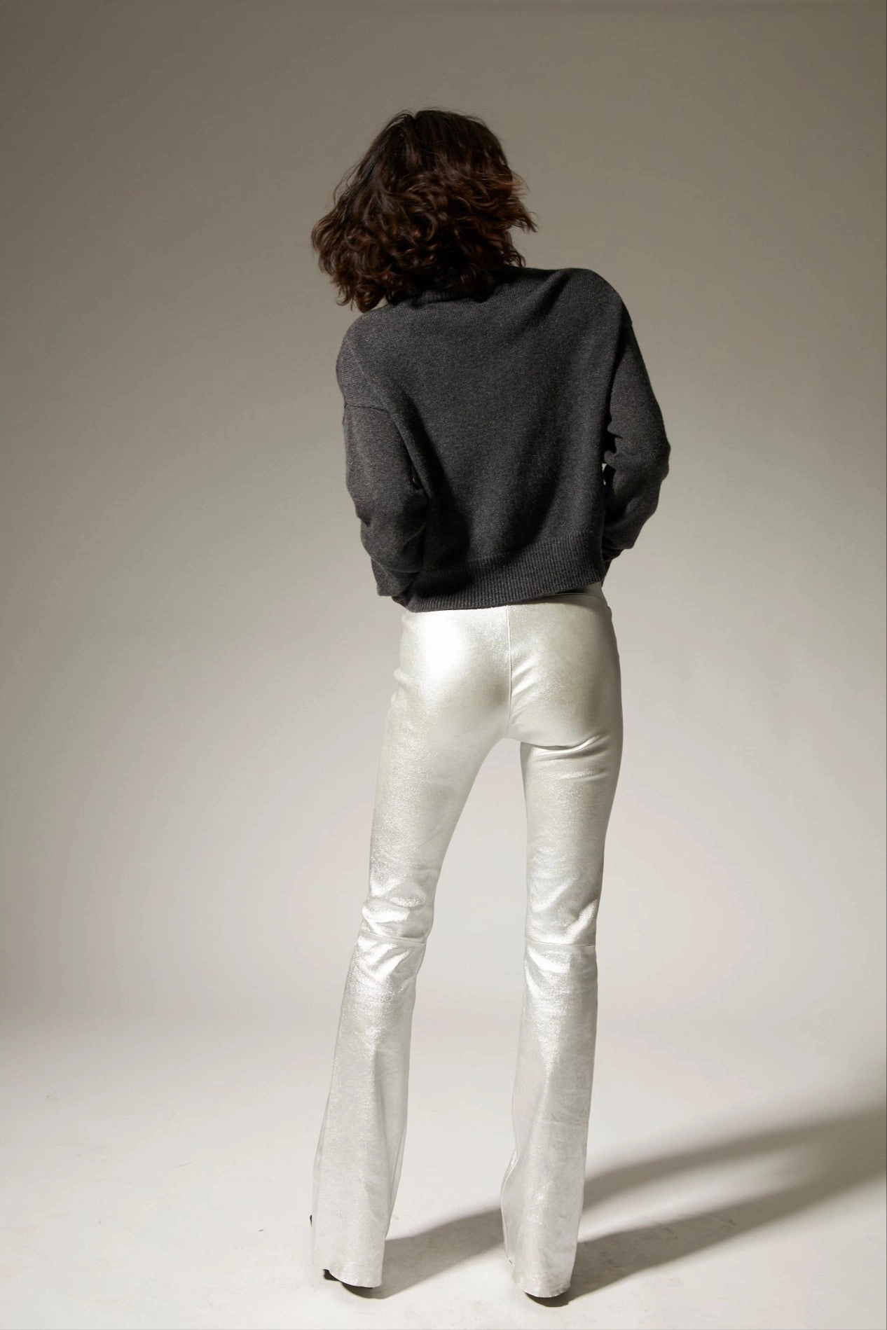 Gusset Crotch Design Versatile Fit Metallic Silver Leather Micro Flare