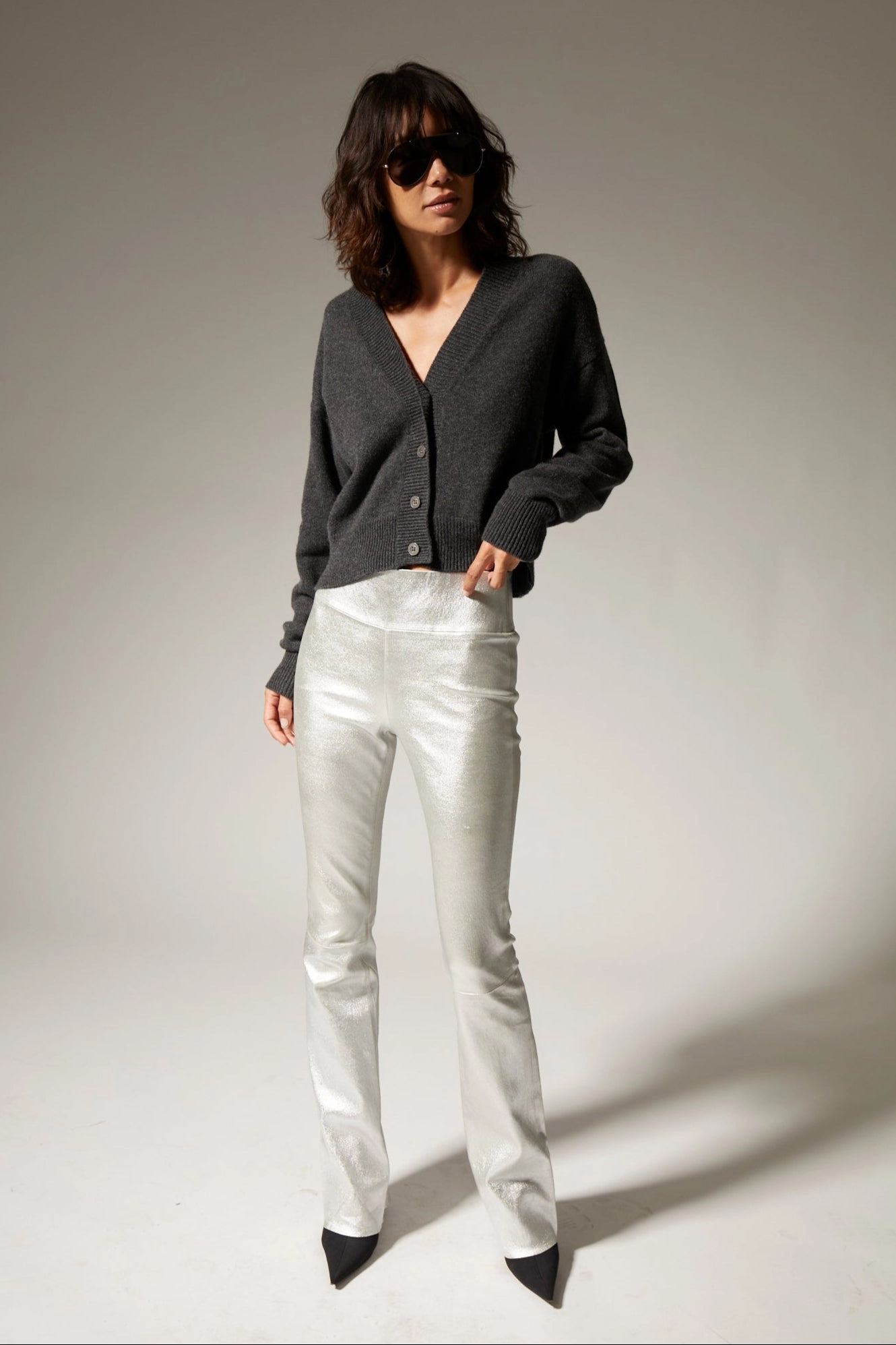 Postpartum Fit Summer Wear Sporty Look Metallic Silver Leather Micro Flare