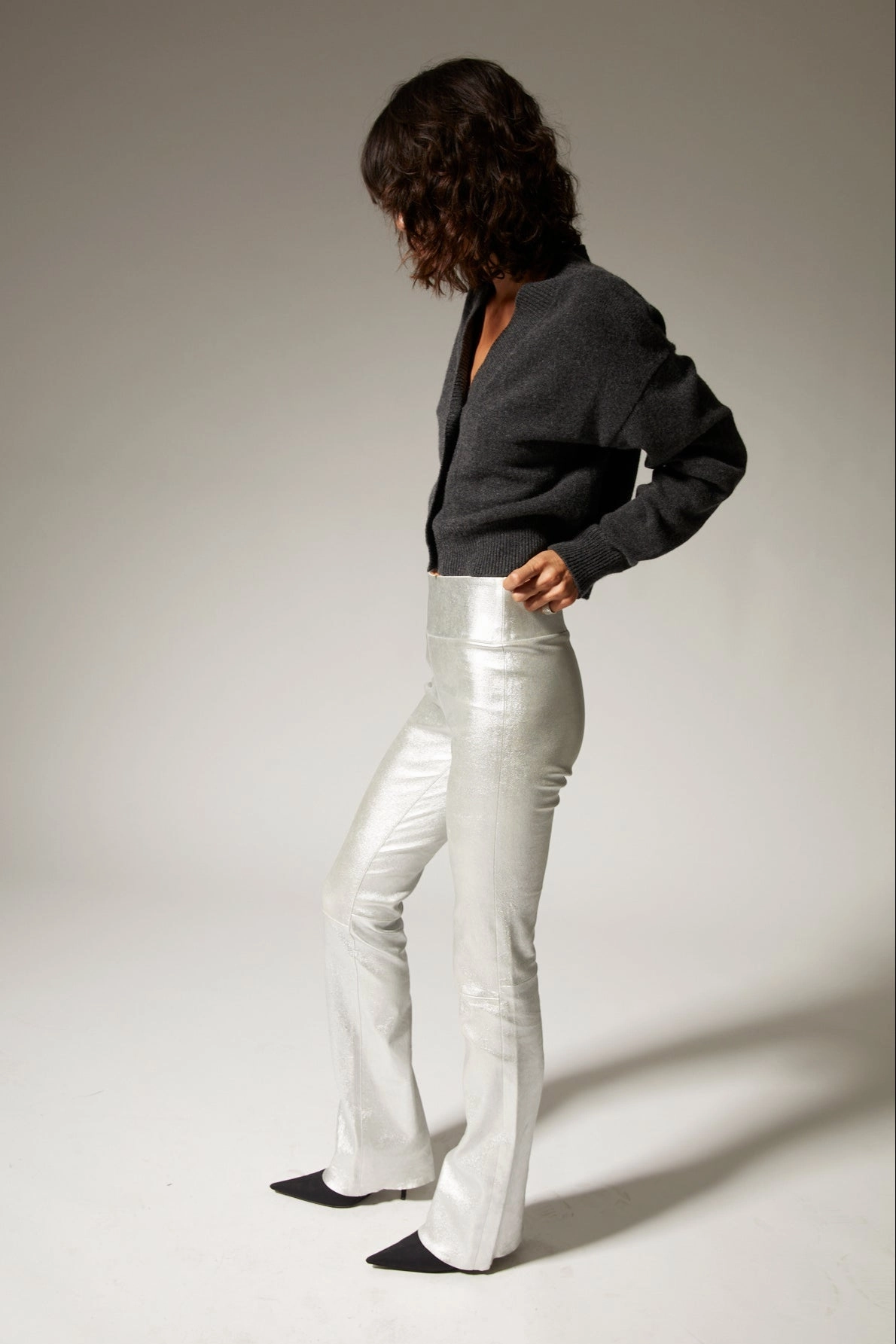 Metallic Silver Leather Micro Flare Everyday Use