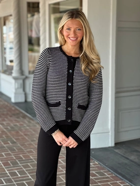 Sustainable Material Blend LayeringFriendly Weight Michael Stars Kaden Crewneck Cardigan in Black/Ivory