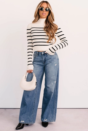 OdorResistant Treatment Ultra Soft Texture Blissful Rest Striped Mock Neck Sweater Top (Cream/Black)