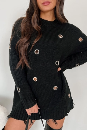 Cozy Blouse Causing Chaos Metal Eyelet Distressed Tunic Sweater (Black)
