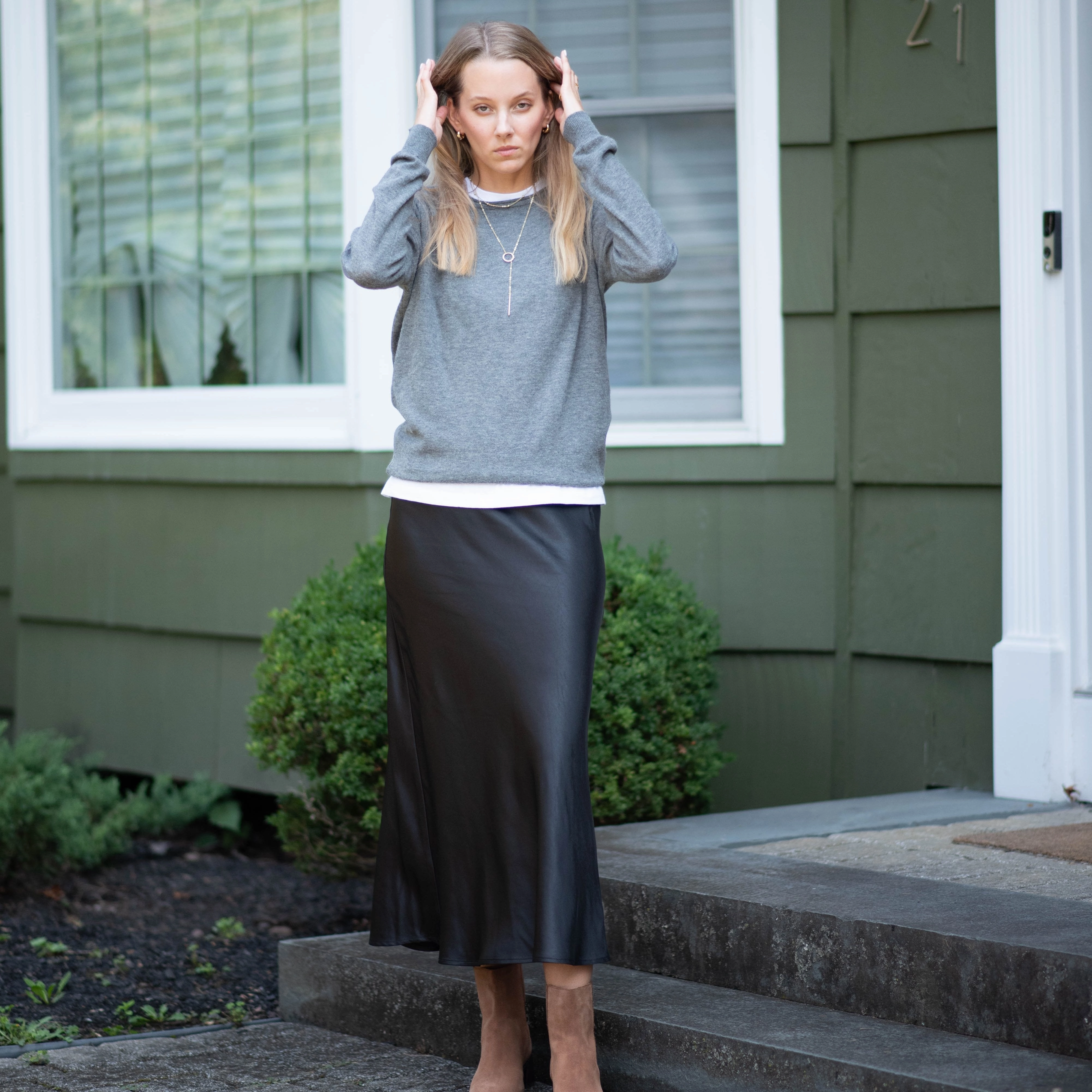 personalized option Lightweight Fabric Midi Slip Skirt |  Black