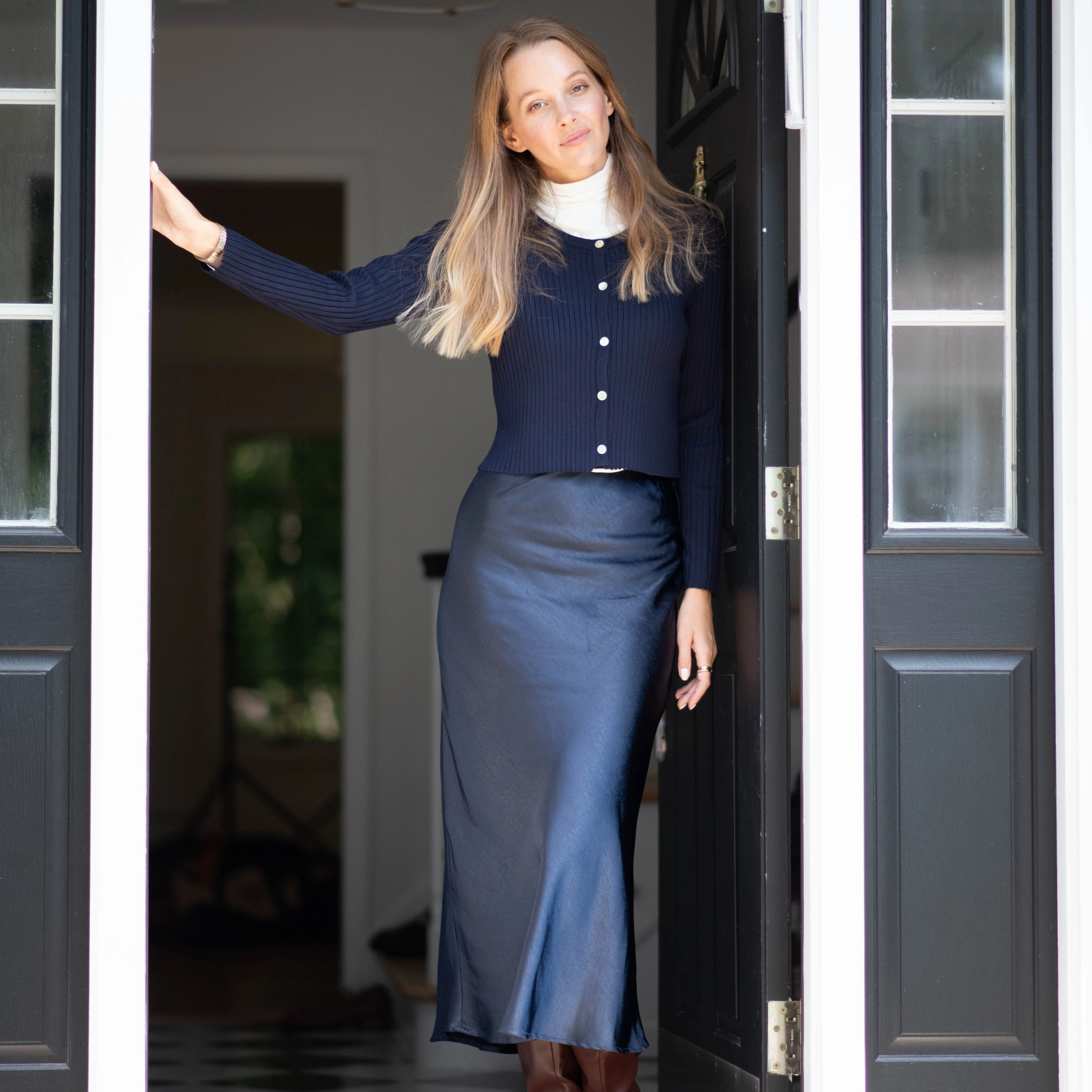 Midi Slip Skirt | Navy Convertible Style Metallic Finish