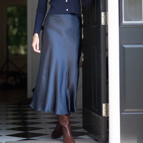 Midi Slip Skirt | Navy Tropical theme Elastic hemline