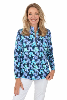 Midnight Palms Cooling UPF50  Mock Neck Top Wrinkle Resistant Weave Hybrid Fabric Blend