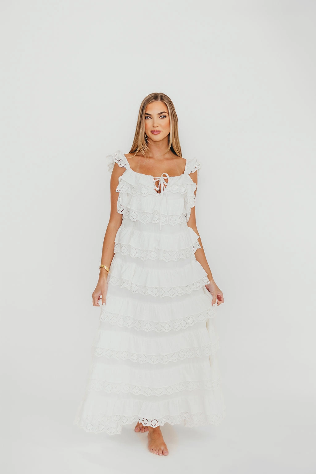 Mikayla 100% Cotton Lace and Gauze Contrast Tiered Maxi Dress in Off-White *Final-Sale* Office Casual