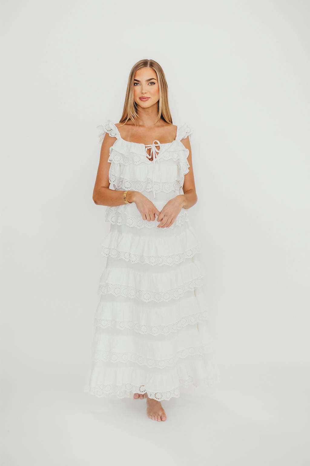 Mikayla 100% Cotton Lace and Gauze Contrast Tiered Maxi Dress in Off-White *Final-Sale* Playful and flirty dress Feminine Look