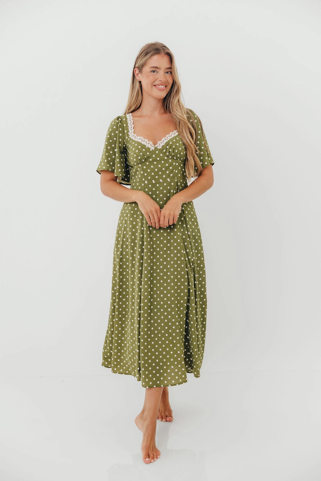 Mindy Flutter Sleeve Polka Dot Midi Dress in Olive *9/30 PRE-ORDER* Pure Look Body Fit