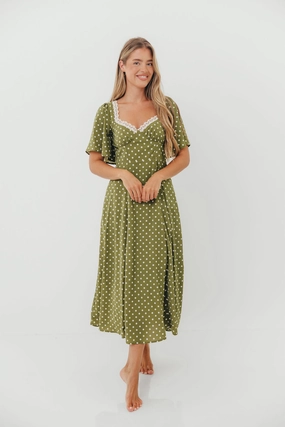 Mindy Flutter Sleeve Polka Dot Midi Dress in Olive *9/30 PRE-ORDER* Pure Look Body Fit