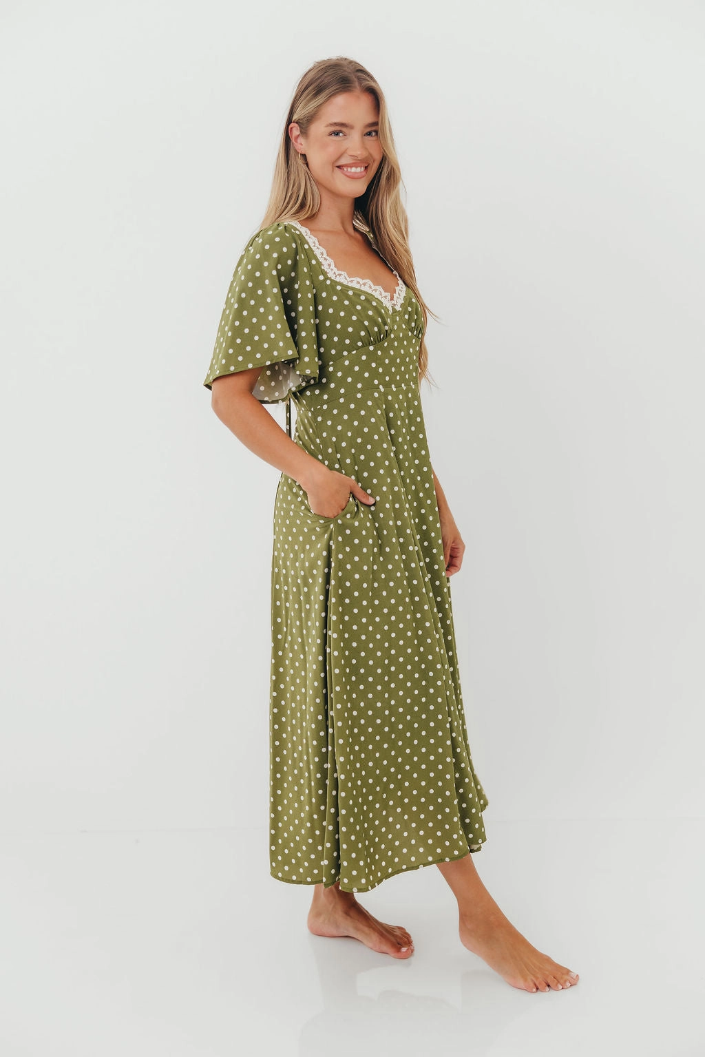 Mindy Flutter Sleeve Polka Dot Midi Dress in Olive *9/30 PRE-ORDER* spring fashion