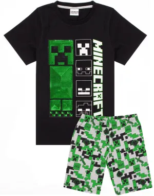 Minecraft Boys Pyjamas Set Top And Shorts Kids Gamer - Black