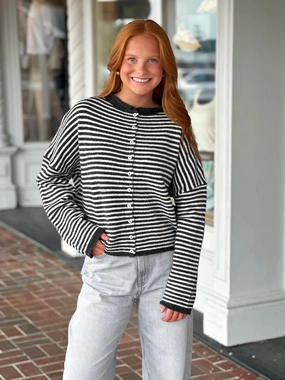 Colorfast Dye Method YarnDyedFabric Mini Striped Piper Cardigan in Charcoal
