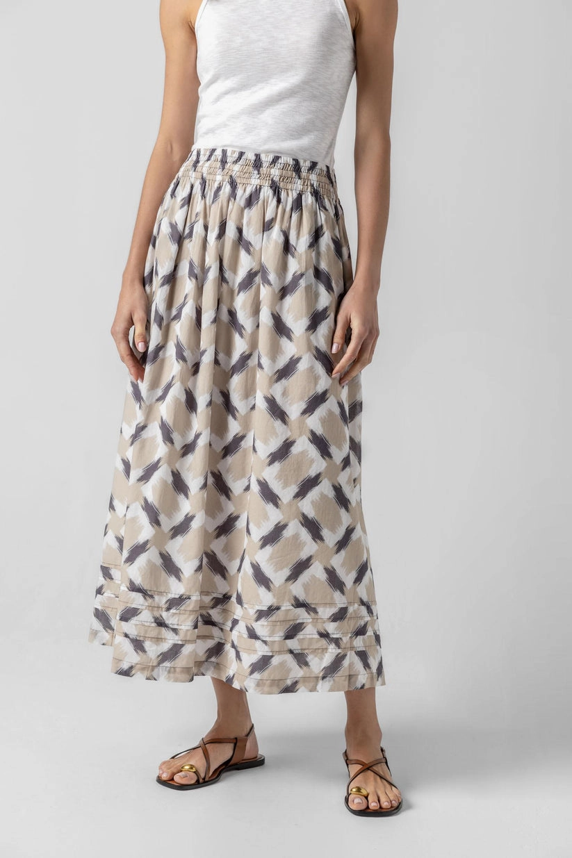 Shirred Elastic Waist Skirt in Natural Ikat Soft Aesthetic