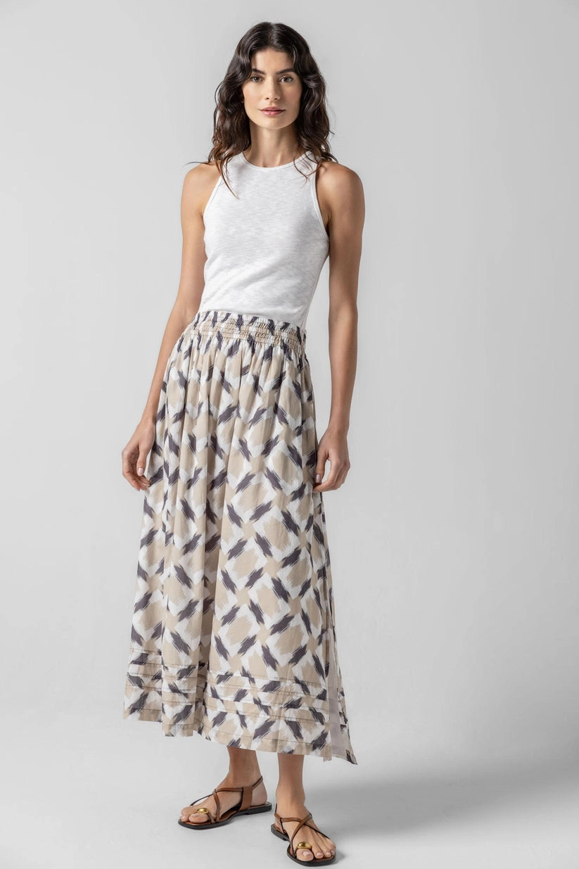 Light Comfort Easy Layer Shirred Elastic Waist Skirt in Natural Ikat