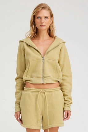 Thermoregulating Fabric Non Restrictive Collar Pistachio Melange Shrunken Zip Up Hoodie