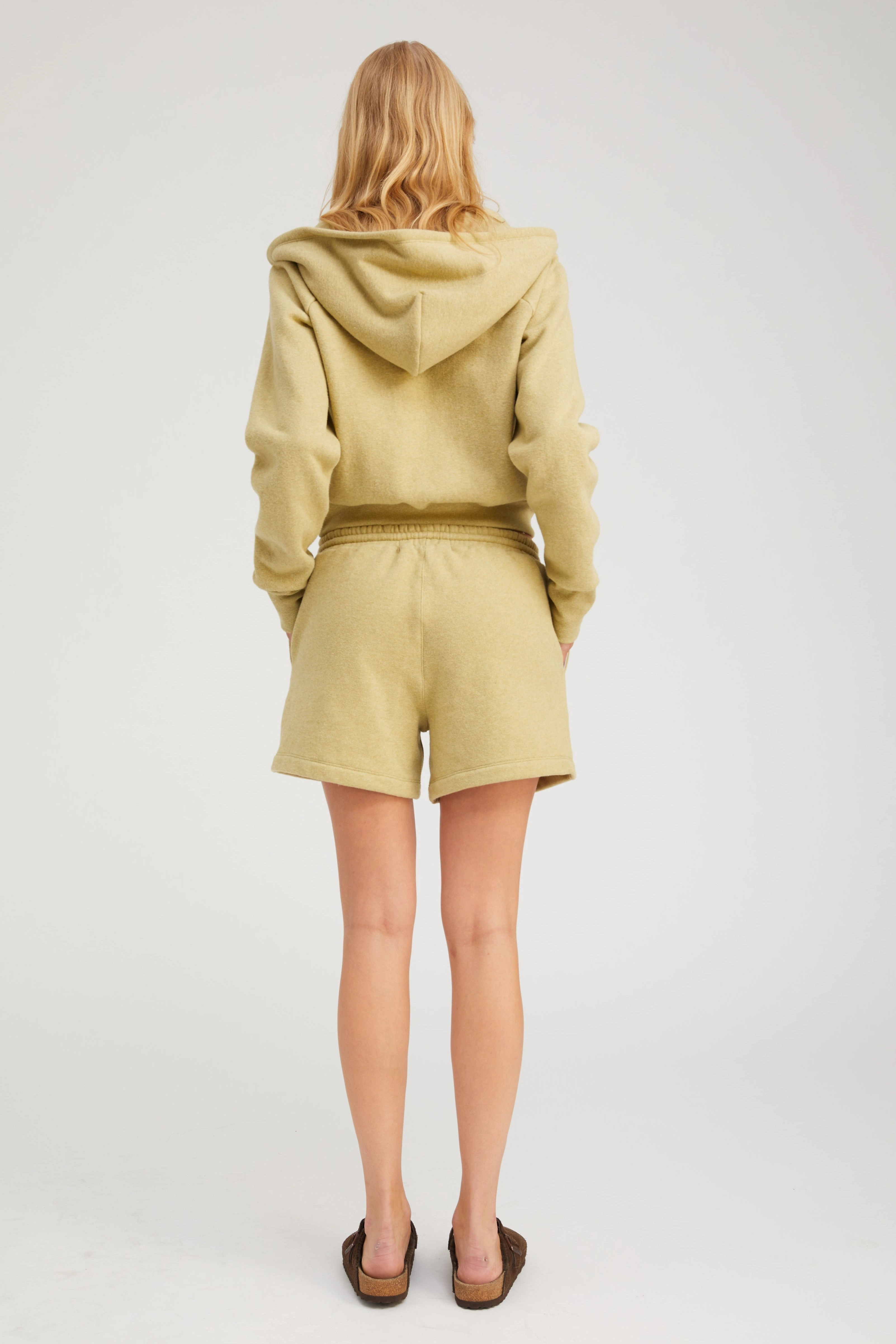 Pistachio Melange Shrunken Zip Up Hoodie FrictionResistant Trim SweatGuard Lining
