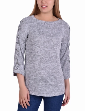 Low Profile Zipper Closure Fashionable Style 3/4 Sleeve Top With Criss Cross And Grommets On Sleeve