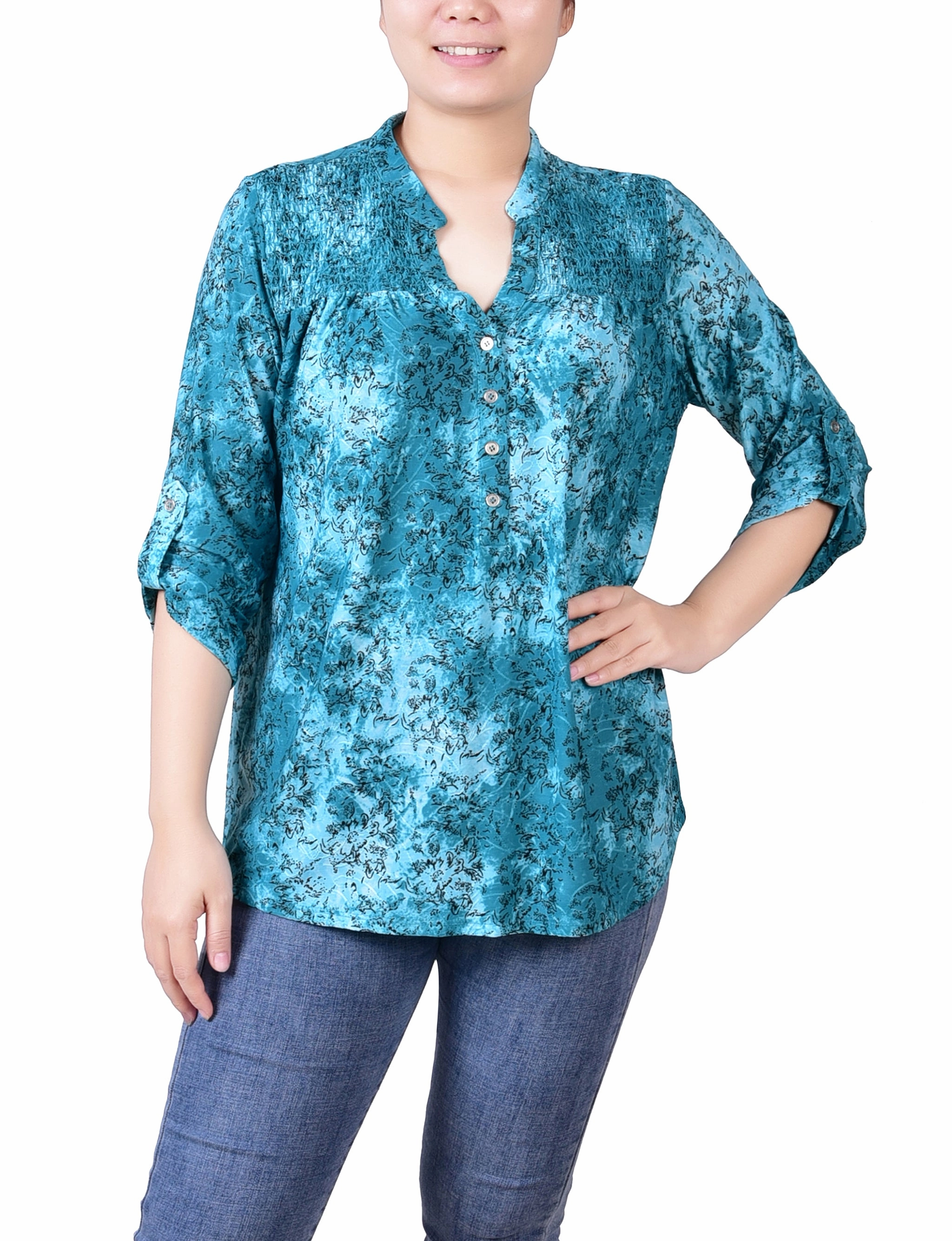 Petite 3/4 Roll Tab Sleeve Smocked-Yoke Top HighDensity Knit Flatlock Seam Design
