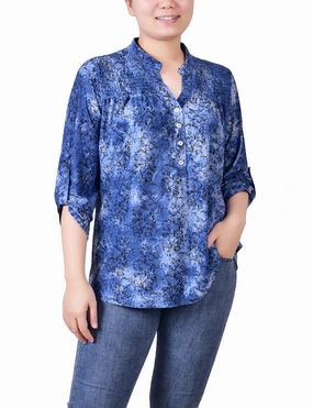 Double Layered Hem Reinforcement Petite 3/4 Roll Tab Sleeve Smocked-Yoke Top