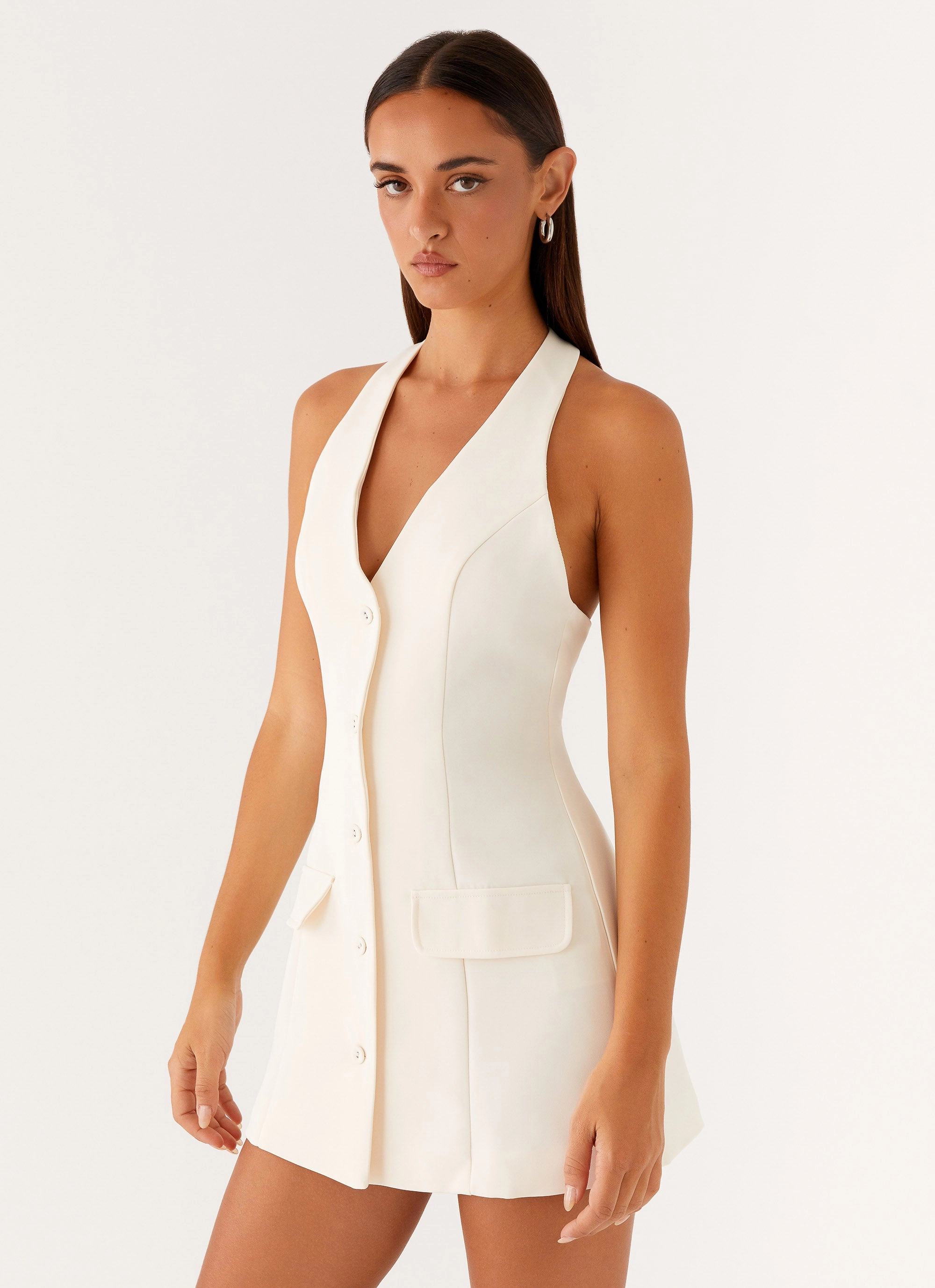 Mira Halter Neck Mini Dress - Ivory Feminine Structure Fall Ready