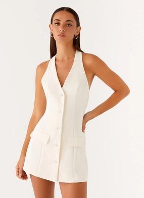 Gathered Skirt Global Style Mira Halter Neck Mini Dress - Ivory