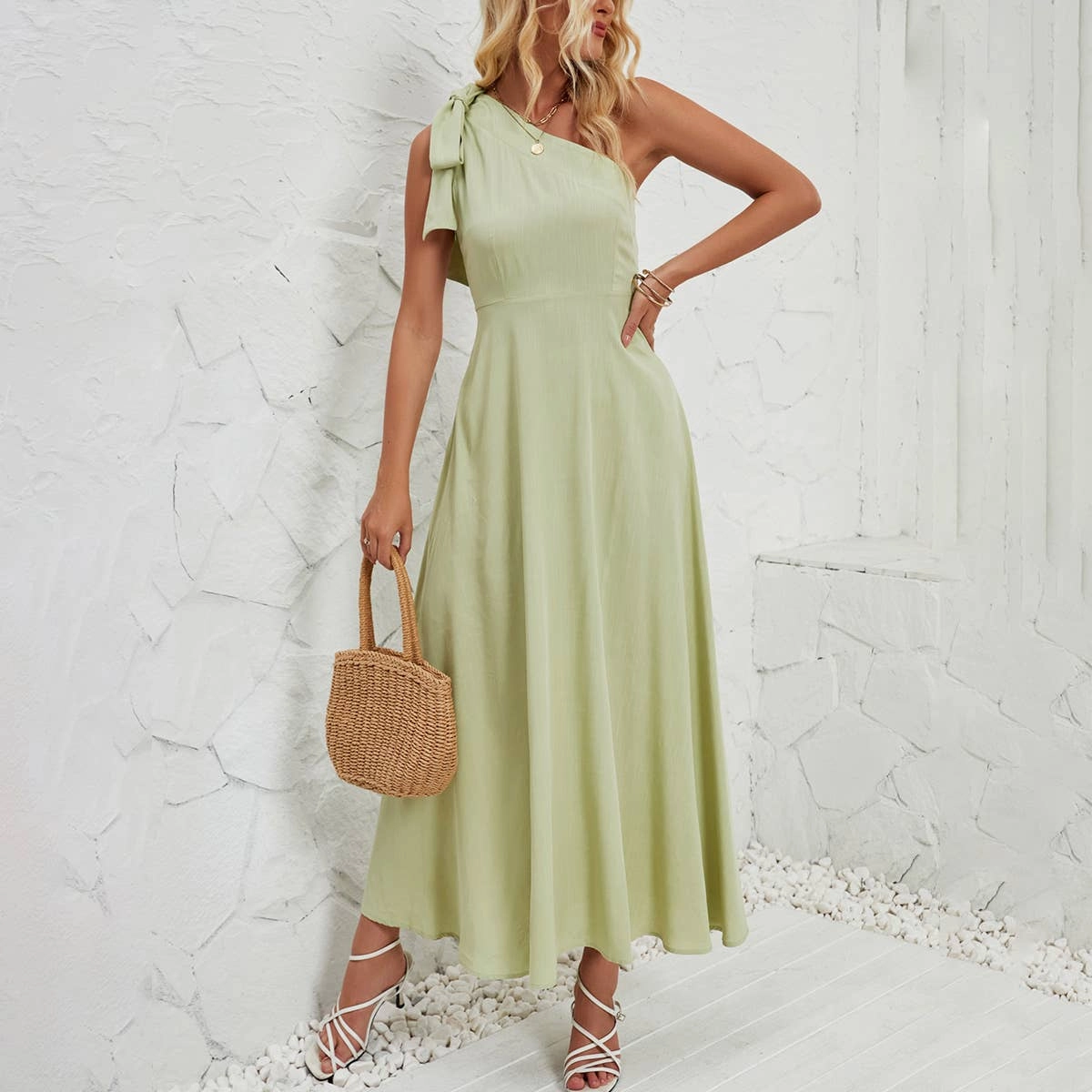 Retro Mood Elegant Look BOW ONE-SHOULDER BELTED DRESS_CWDMD1831