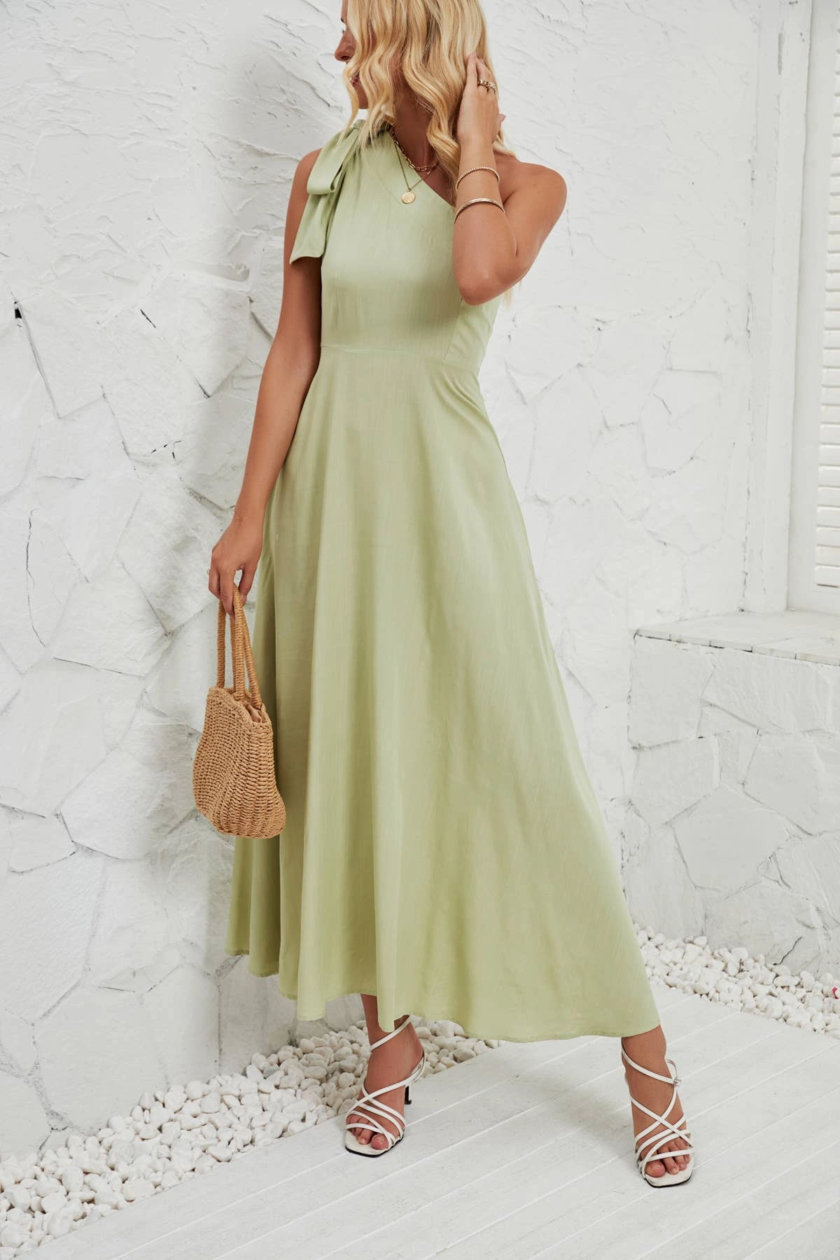 Fall Tone Air Layer BOW ONE-SHOULDER BELTED DRESS_CWDMD1831