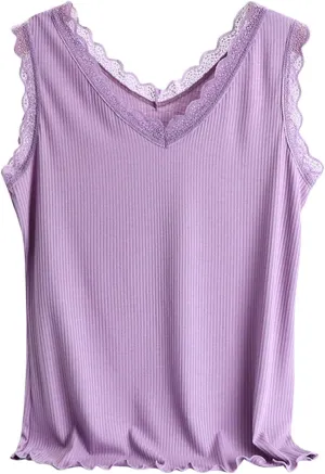 Modal Cotton Tank Top for Women Casual Soft Loose Summer V Neck Sleeveless Tee Sleep Shirts Lace Basic Lounge Tshirt