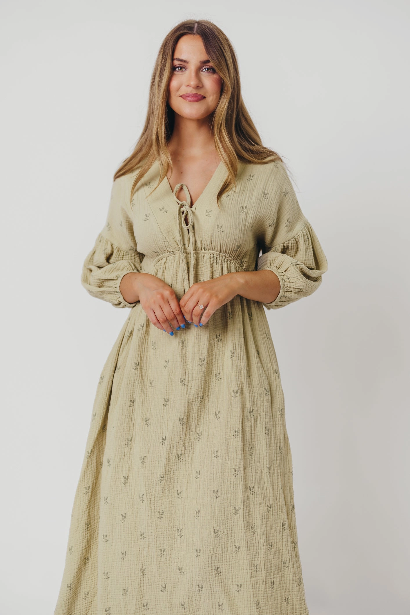 Holiday-Party Hunter 100% Cotton Gauze Midi Dress in Thyme/Sage Foliage - Bump Friendly & Inclusive Sizing (XS-3XL)