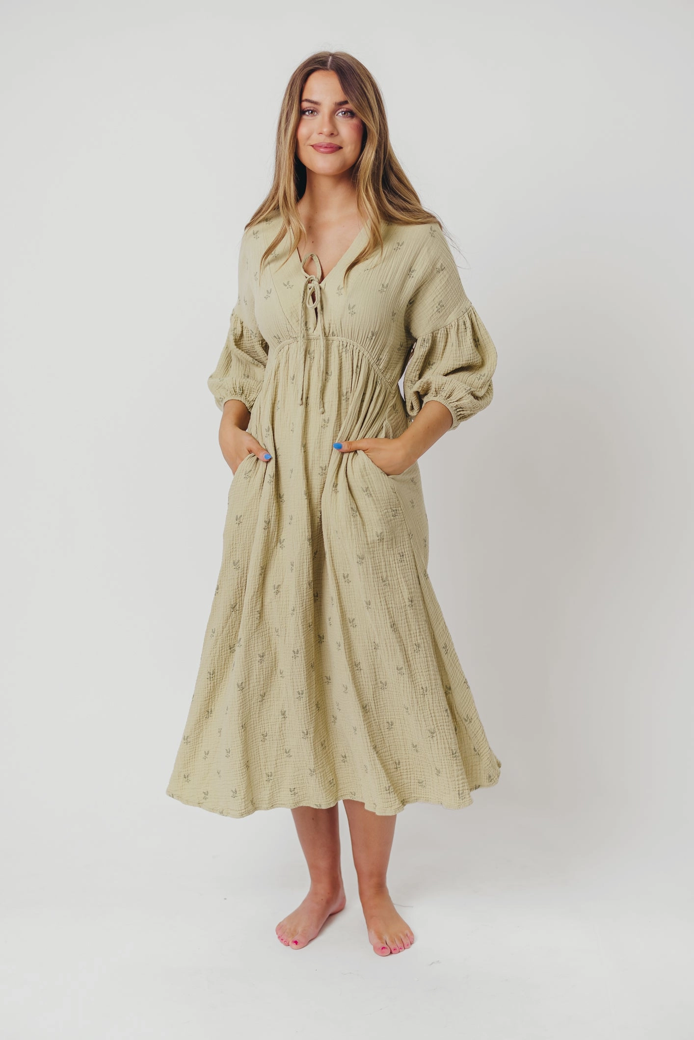 Back-Zip Dream Look Hunter 100% Cotton Gauze Midi Dress in Thyme/Sage Foliage - Bump Friendly & Inclusive Sizing (XS-3XL)