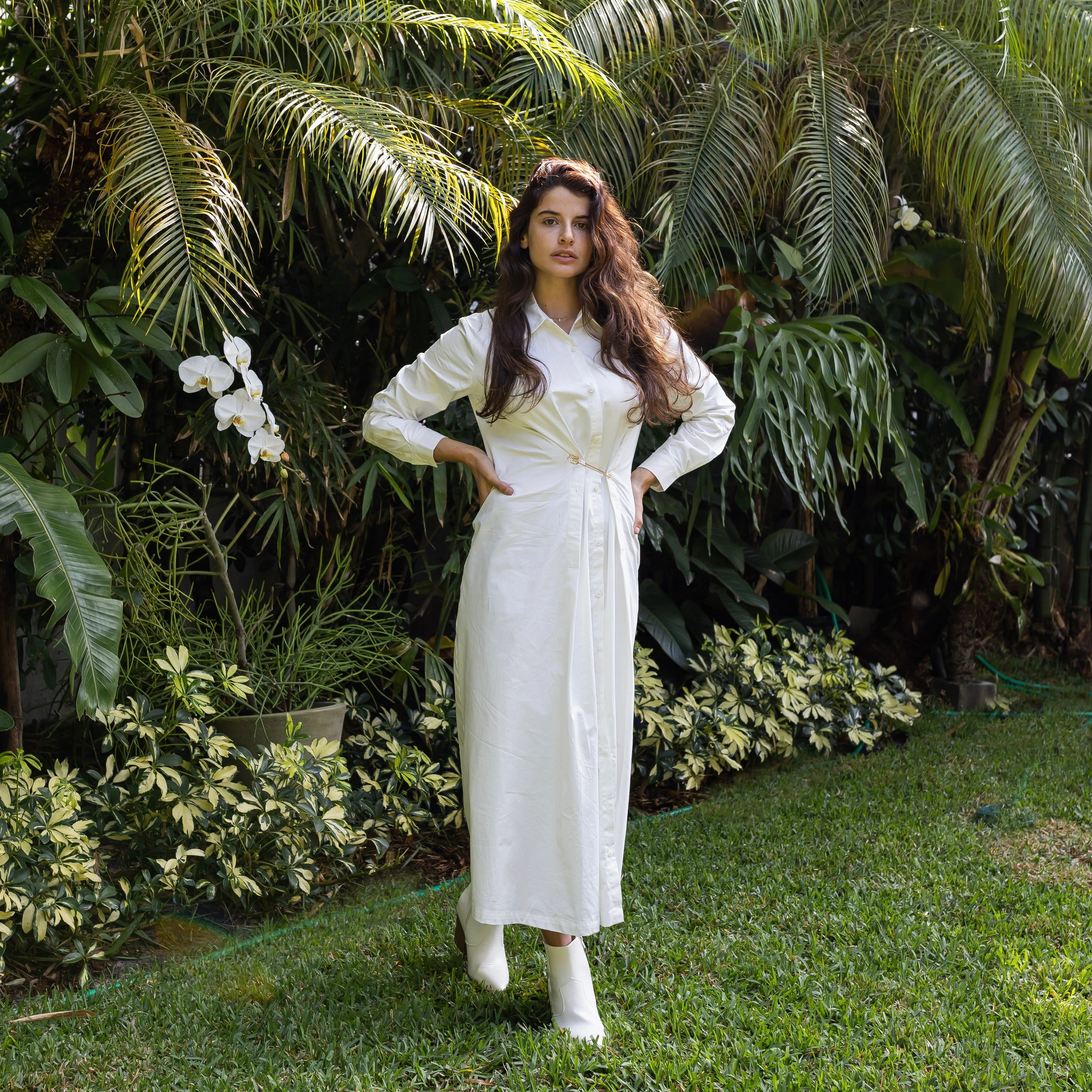 Tie-Detail Functional Style Overlay Pin Dress | White [Final Sale]