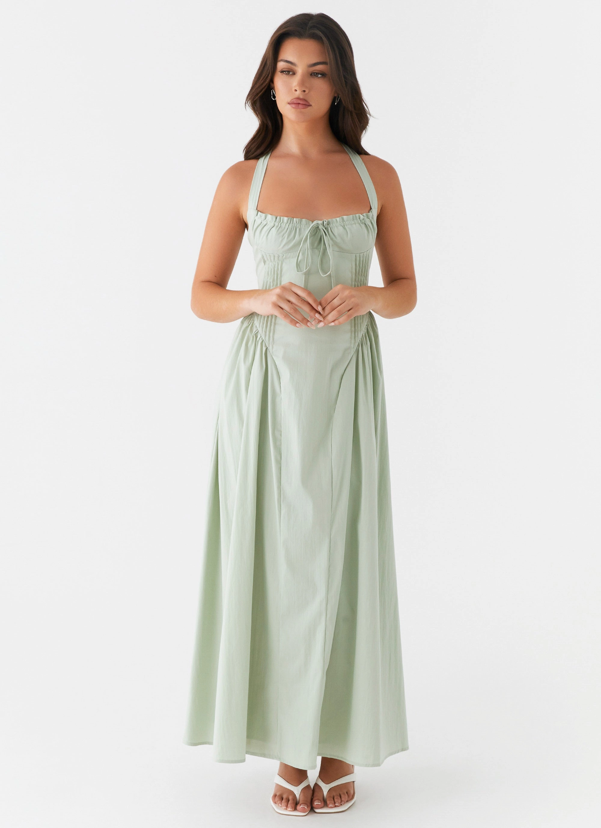 Olenna Halterneck Midi Dress - Sage Slim-fit Sleeve Light