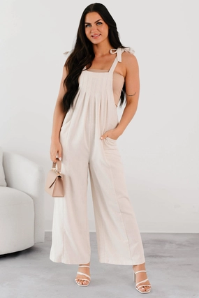 RubberizedGrip Noise Reduced Zipper Alone At Last Tie Strap Linen Jumpsuit (Oatmeal)