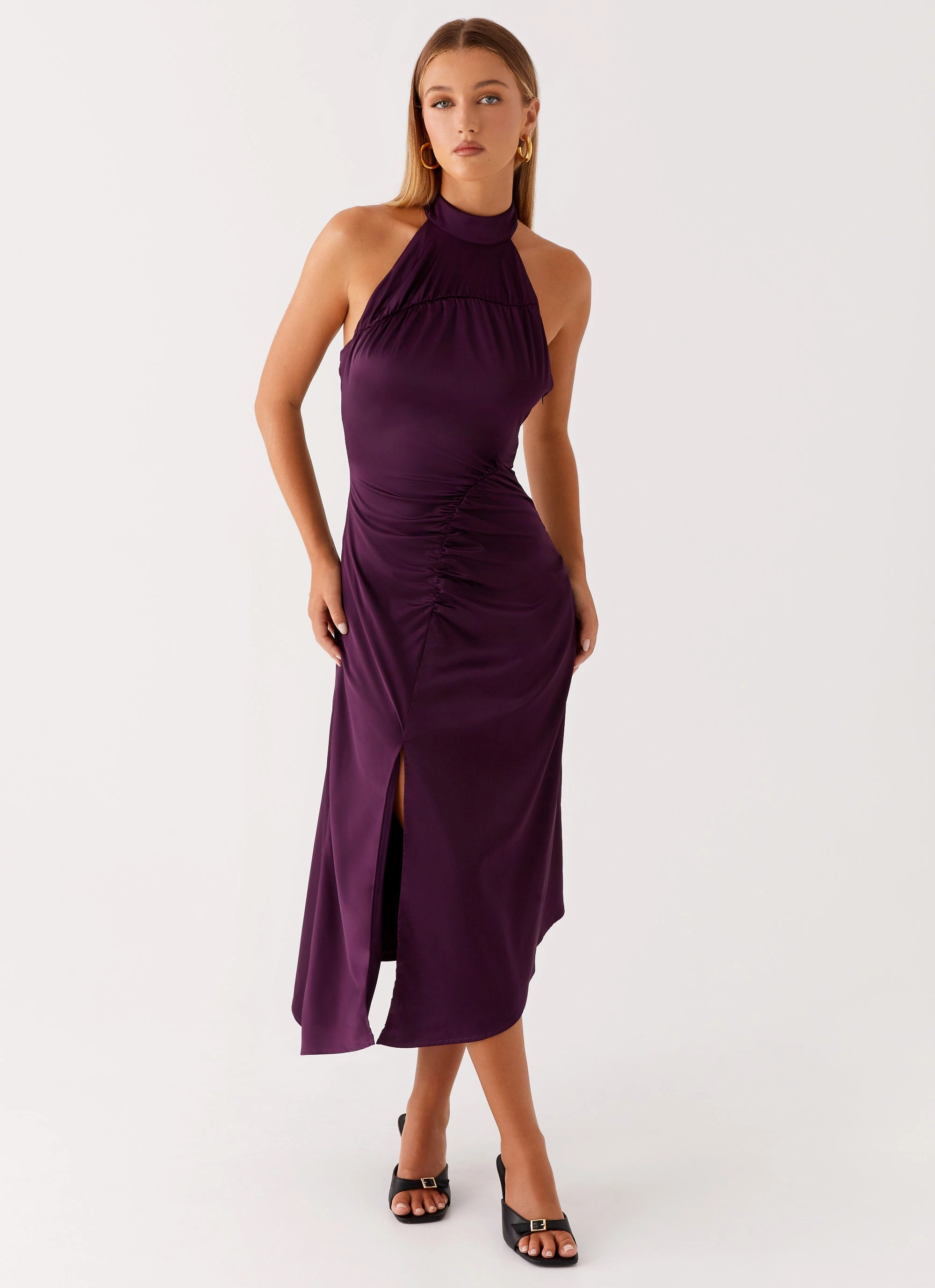 Casta Halterneck Midi Dress - Plum Minimalist Waist Coffee Break