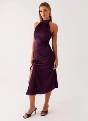 Casta Halterneck Midi Dress - Plum wrap waist Elegant Charm