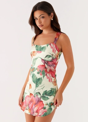 Casual Layers Drape Wave Odette Satin Mini Dress - Yellow Floral