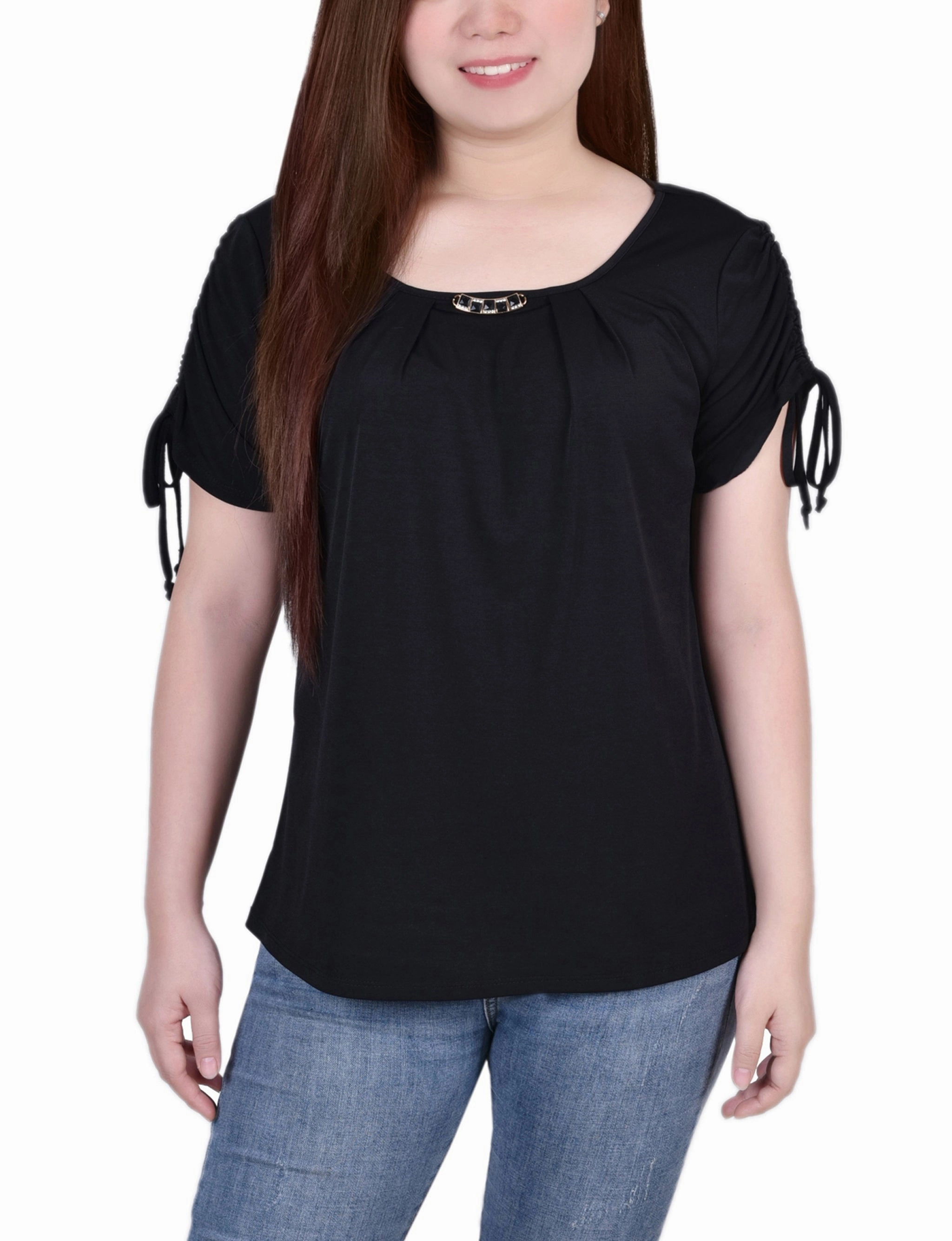 Ethically Sourced Material Short Ruched Sleeve Top With Pleats