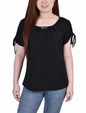 EcoDyeProcess Short Ruched Sleeve Top With Pleats