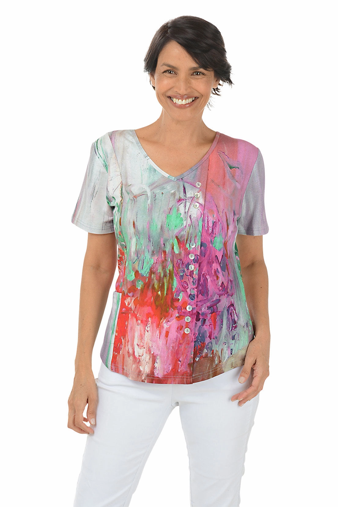 Jardin Offset Button Front Pocket Tee Stretch Material